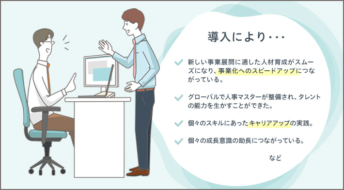 導入により・・・ 新しい事業展開に適した人材育成がスムーズになり、事業化へのスピードアップにつながっている。 グローバルで人事マスターが整備され、タレントの能力を生かすことができた。 個々のスキルにあったキャリアアップの実践。 個々の成長意識の助長につながっている。など