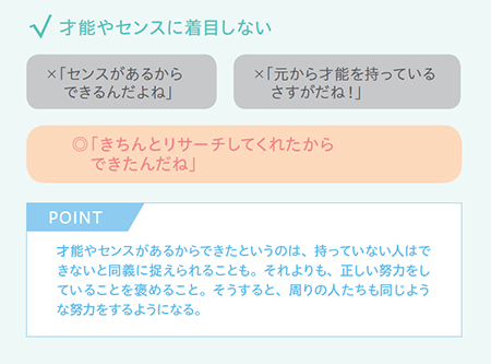 才能やセンスに着目しない ×「センスがあるからできるんだよね」 ×「元から才能を持っている、さすがだね！」 ○「きちんとリサーチしてくれたからできたんだね」 POINT：才能やセンスがあるからできたというのは、持っていない人はできないと同義に捉えられることも。それよりも、正しい努力をしていることを褒めること。そうすると、周りの人たちも同じような努力をするようになる。