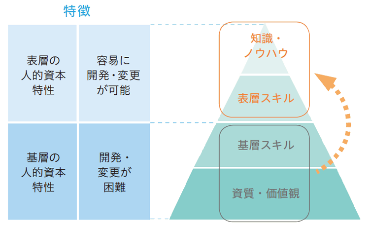 特徴 表層の人的資本特性 容易に開発・変更が可能 基層の人的資本特性 開発・変更が困難 知識・ノウハウ 表層スキル 基層スキル 資質・価値観