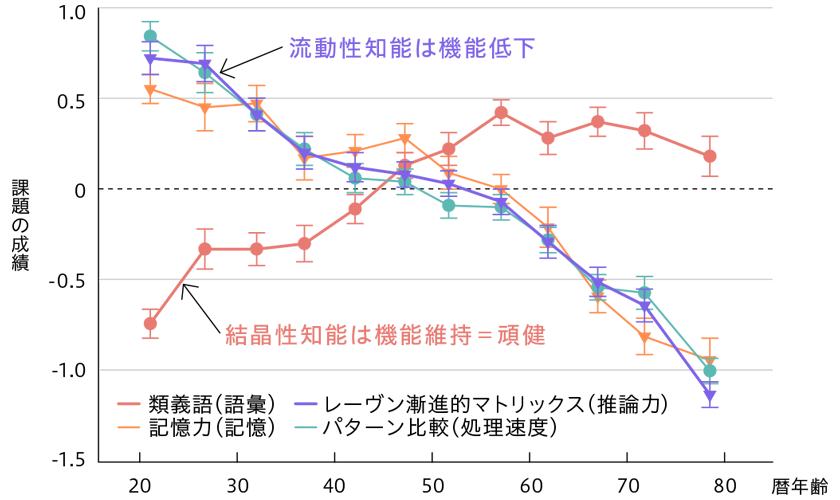 各種の課題における認知的加齢変化（Salthouse, 2004を改変）