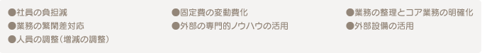 ●社員の負担減　●固定費の変動費化　●業務の整理とコア業務の明確化　●業務の繁閑差対応　●外部の専門的ノウハウの活用　●外部設備の活用　●人員の整理（増減の調整）