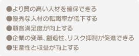 ●より質の高い人材を確保できる　●優秀な人材の転職率が低下する　●顧客満足度が向上する　●企業の変革、創造性、リスク抑制が促進できる　●生産性と収益が向上する