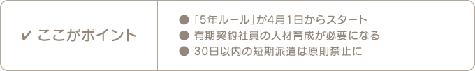 ここがポイント　●「5年ルール」が4月1日からスタート　●有期契約社員の人材育成が必要になる　●30日以内の短期派遣は原則禁止に