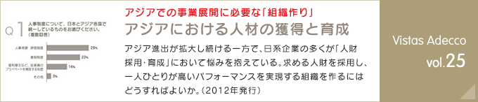 アジアでの事業展開に必要な「組織作り」 アジアにおける人材の獲得と育成 アジア進出が拡大し続ける一方で、日系企業の多くが「人財採用・育成」において悩みを抱えている。求める人財を採用し、一人ひとりが高いパフォーマンスを実現する組織を作るにはどうすればよいか。（2012年発行） Vistas Adecco vol.25