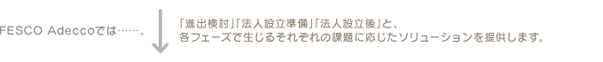 FESCO Adeccoでは……、「進出検討」「法人設立準備」「法人設立後」と、各フェーズで生じるそれぞれの課題に応じたソリューションを提供します。