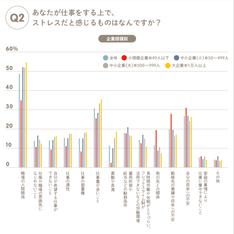 Q2 あなたが仕事をする上で、ストレスだと感じるものはなんですか？ 企業規模別 全体 小規模企業※49人以下 中小企業（小）※50～499人 中小企業（大）※500～999人 大企業※1万人以上 職場の人間関係 社風や職場の雰囲気になじめないこと 自分が希望する仕事ができないこと 仕事の適性 仕事の裁量権 仕事量が多いこと 異動や昇進 雇用形態や給与などの勤務条件 長時間労働や休暇がとりづらい、フレックスタイム制が活用できないなどの労働環境 取引先との関係 勤務先の業績や将来への不安 自分の将来への不安 家庭の事情により仕事に集中できないこと その他