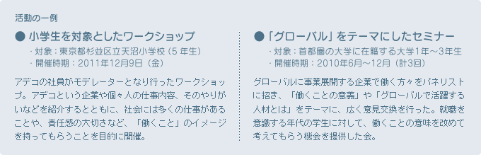 活動の一例 ●小学生を対象としたワークショップ ●「グローバル」をテーマにしたセミナー