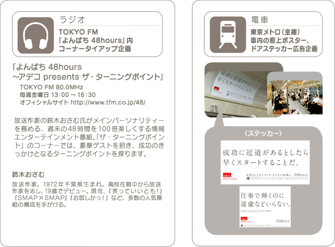 【ラジオ】TOKYO FM「よんぱち 48hours」内コーナータイアップ企画　【電車】東京メトロ（全線）車内の窓上ポスター、ドアステッカー広告企画