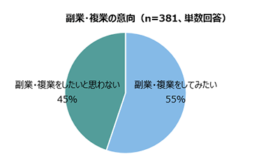 副業・複業の意向：副業・複業をしてみたい55% 副業・複業をしたいと思わない45% （n=381、単数回答）