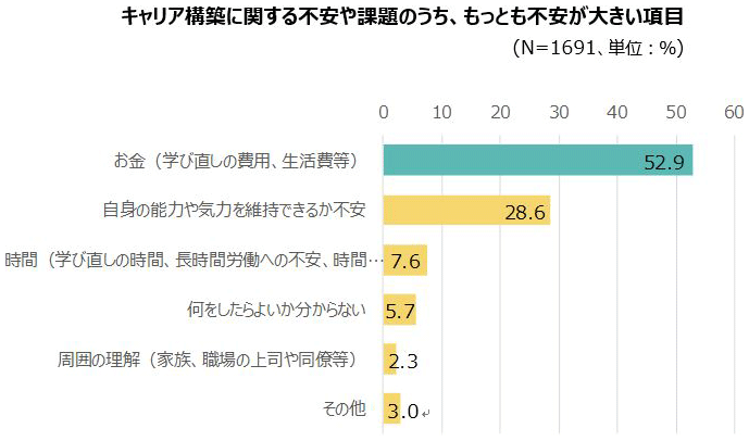 キャリア構築に関する不安や課題のうち、もっとも不安が大きい項目（N＝1691、単位：％）／お金（学び直しの費用、生活費等） 52.9％、自身の能力や気力を維持できるか不安 28.6％、時間（学び直しの時間、長時間労働への不安、時間… 7.6％、何をしたらよいか分からない 5.7％、周囲の理解（家族、職場の上司や同僚等） 2.3％、その他 3.0％